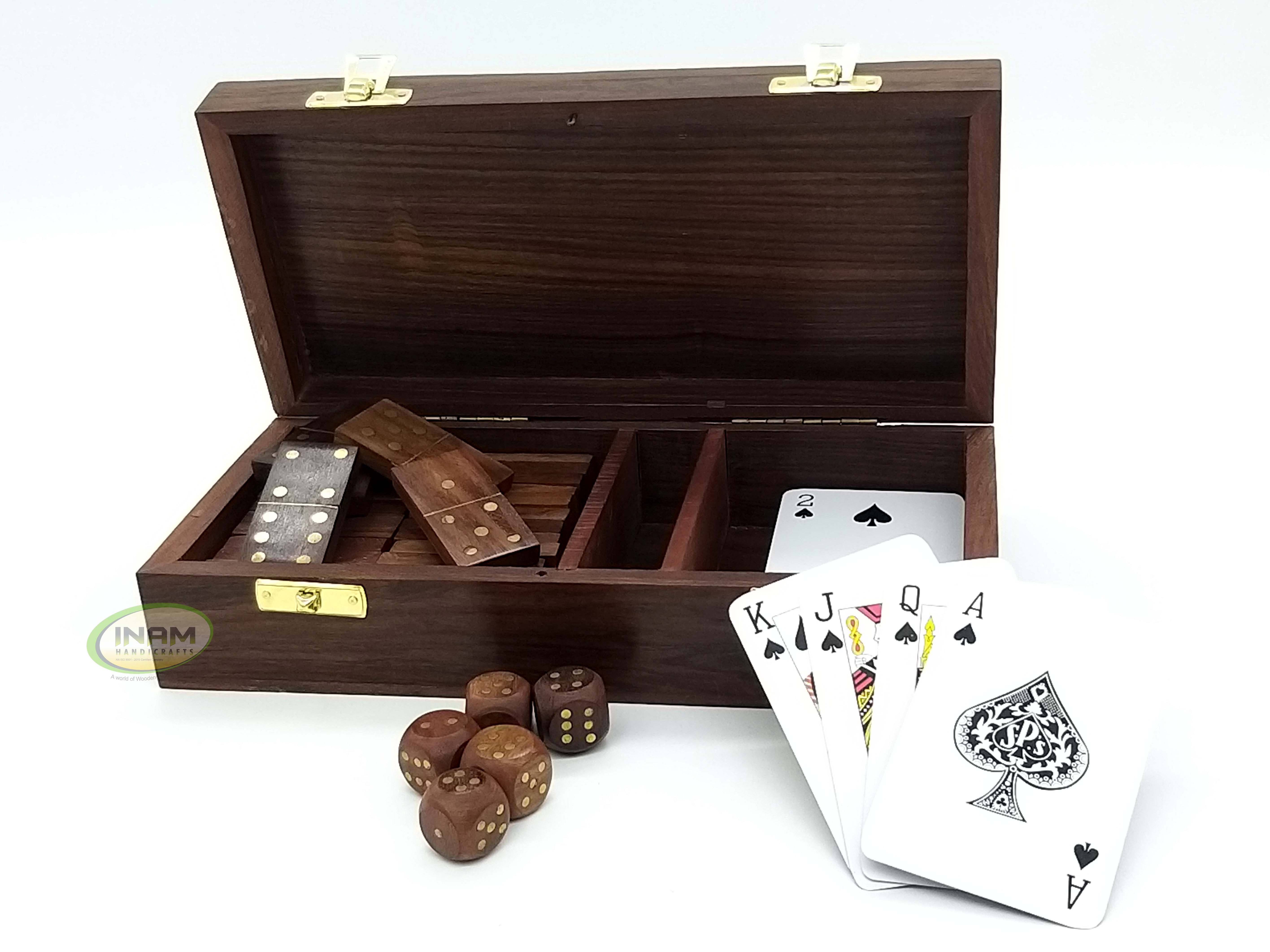 Decorative beautiful  handmade wooden playing Card box with Domino chips and Dice / Three In One Box