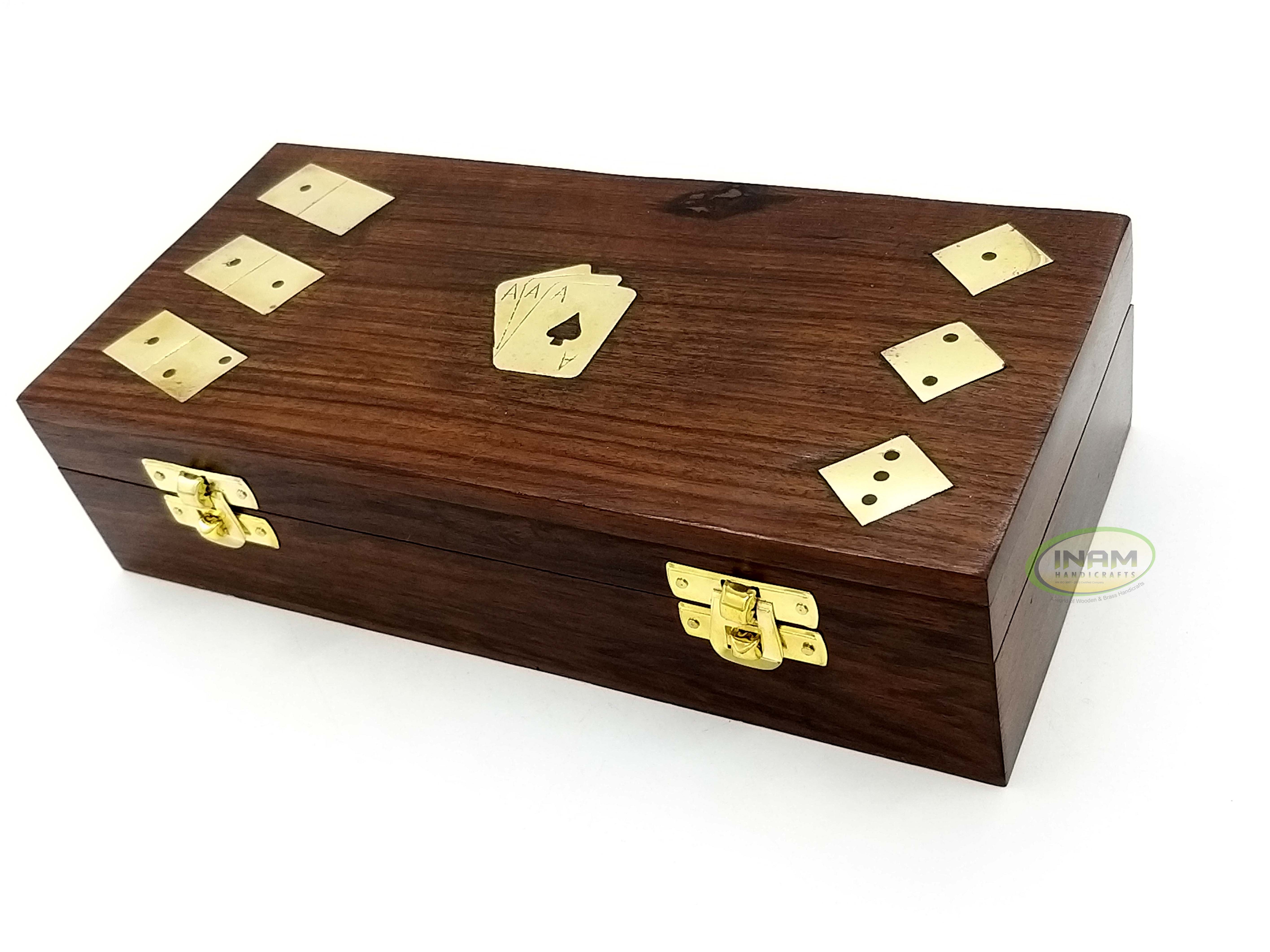 Decorative beautiful  handmade wooden playing Card box with Domino chips and Dice / Three In One Box