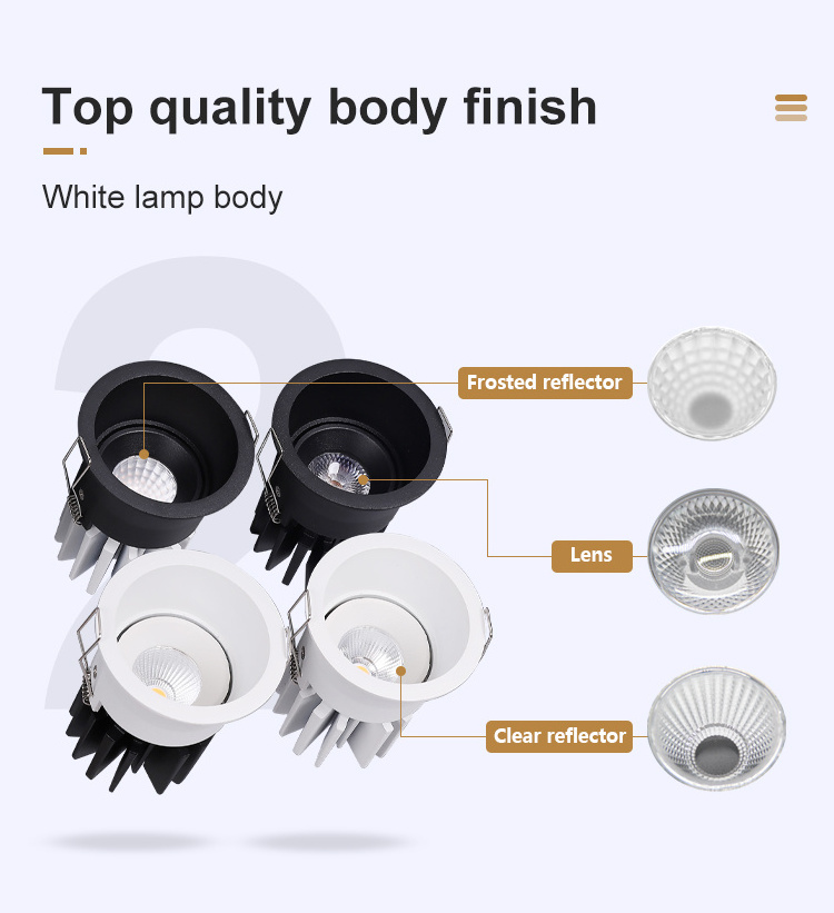 Indoor Antiglare Reflector LED Ceiling Spot Light IP65 Waterproof White Black Round COB Downlight 10W 12W 15W LED Spotlight