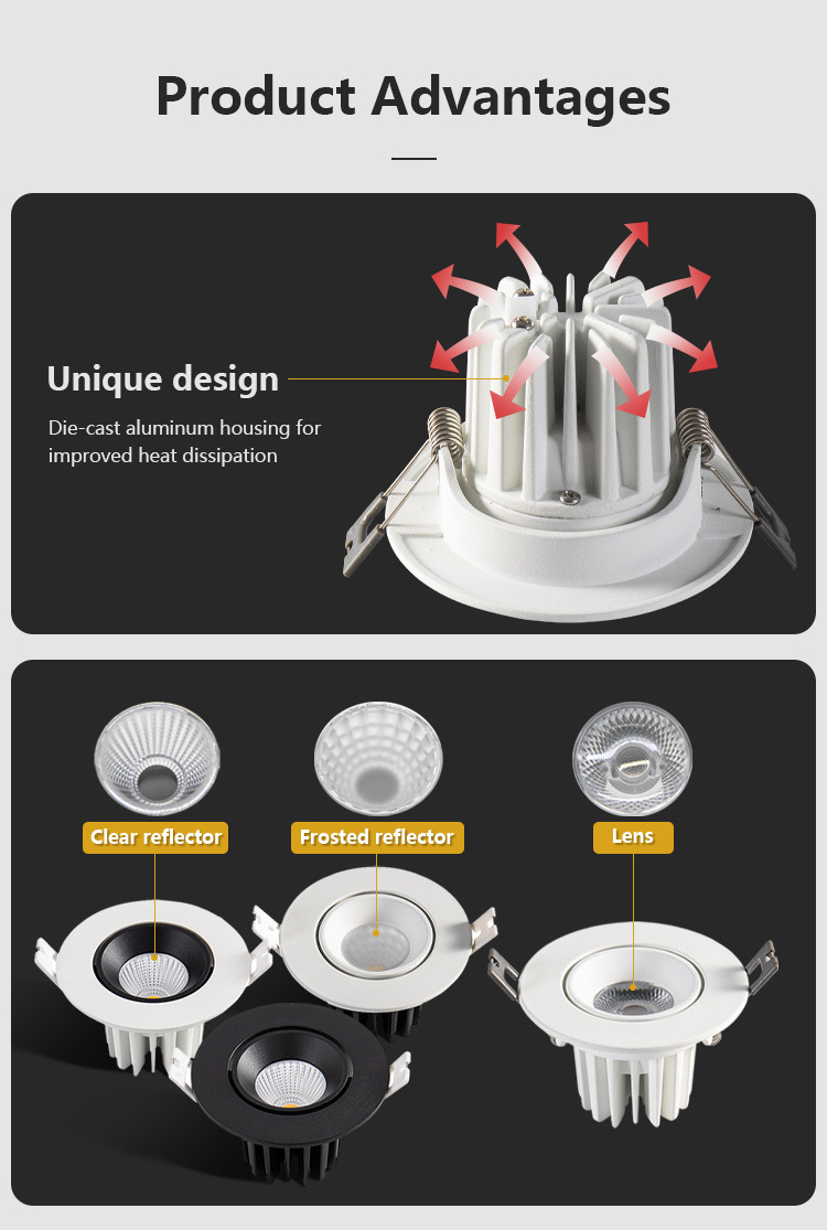 Indoor Die Cast Aluminum Ceiling Recessed Adjustable IP65 Down Light 8W Dimmable COB LED Downlight