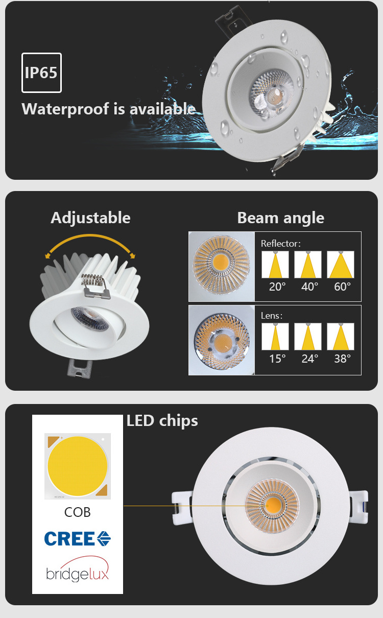 Indoor Die Cast Aluminum Ceiling Recessed Adjustable IP65 Down Light 8W Dimmable COB LED Downlight