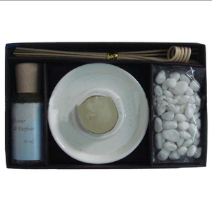 Aroma Set with Ceramic Candle Holder and Scented Tealight and Fragrance Oil and Rattan Stick