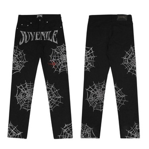 NEW Rhinestone Men's Biker Jeans Letter Loose Black Wide Leg White Jeans For Men Baggy Designer Popular Men Jeans