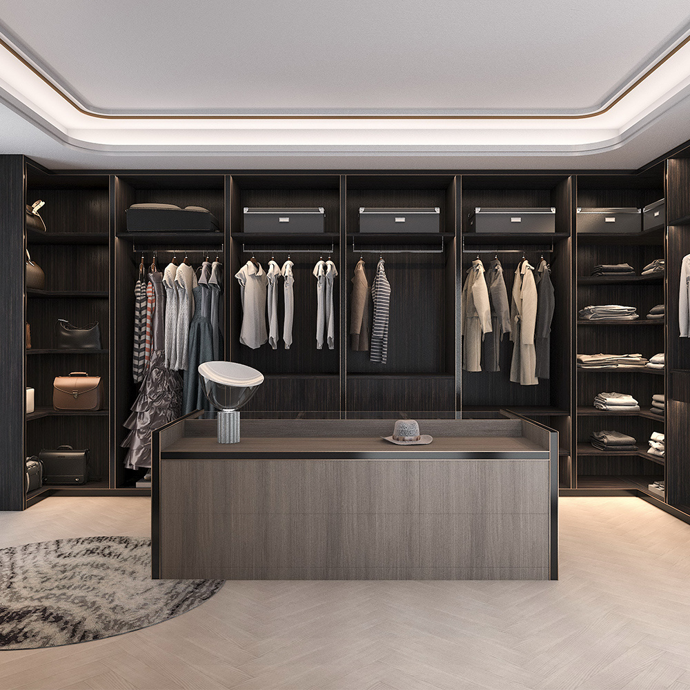 Modern walk in closet organizer I shape wooden wardrobe and aluminum frame door