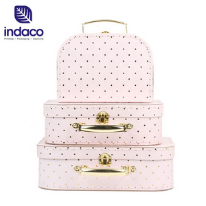 Gold dot paper suitcase gift box Recycled pink rigid paper boxes Cardboard Suitcase with handle