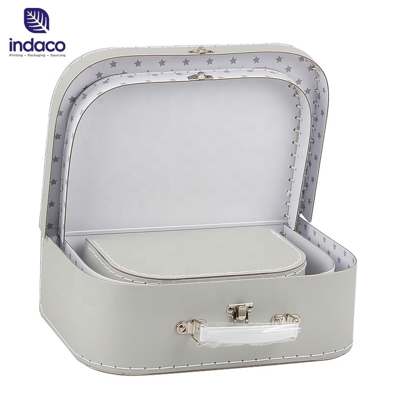 Unique design hand stitching finish paperboard suitcase fashion children paper gift suitcase with handle