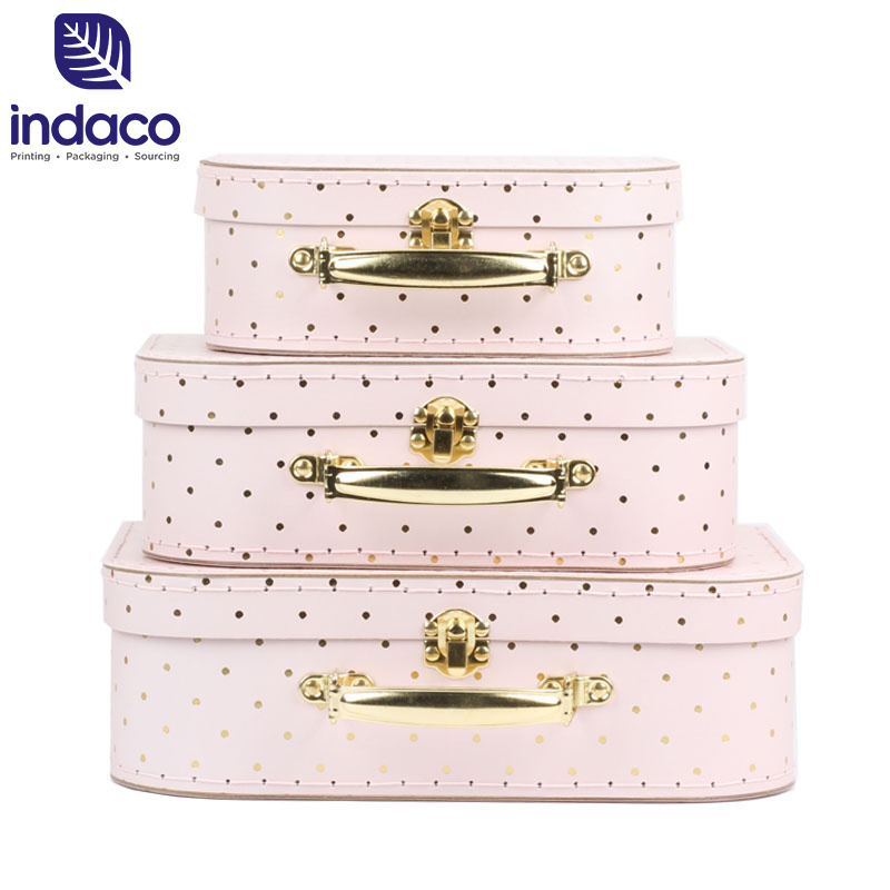 Gold dot paper suitcase gift box Recycled pink rigid paper boxes Cardboard Suitcase with handle