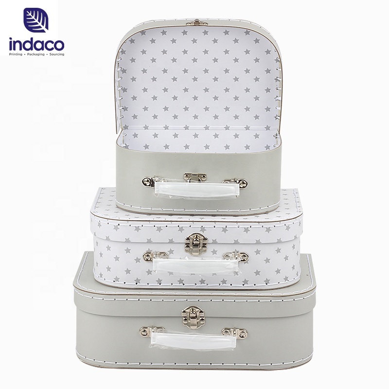 Unique design hand stitching finish paperboard suitcase fashion children paper gift suitcase with handle