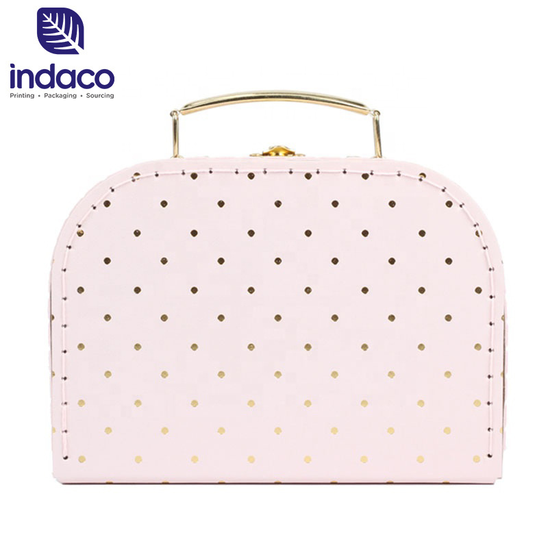 Gold dot paper suitcase gift box Recycled pink rigid paper boxes Cardboard Suitcase with handle