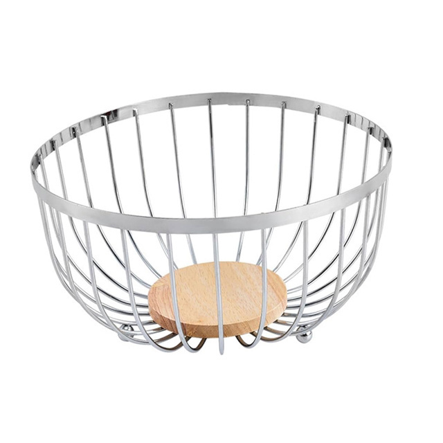 Wholesale Iron Metal Kitchen Fruit Storage Wire Basket, Bamboo Wood Lid Metal Wire Basket For Storage