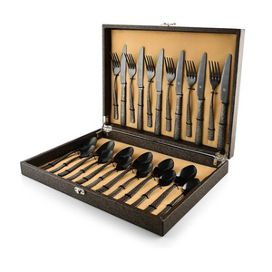 Bulk custom best selling dark bamboo plastic handle gold plated cutlery set 24 stainless steel flatware with divided wooden box