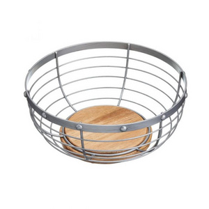 Wholesale Iron Metal Kitchen Fruit Storage Wire Basket, Bamboo Wood Lid Metal Wire Basket For Storage