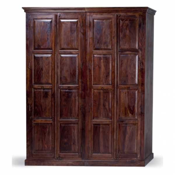 Natural Antique Finish Solid Mango Wood Double Door Design Style Storage Wooden Wardrobe Cabinet for Home Living Room Bedroom