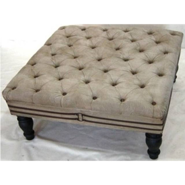 Vintage Shabby Chic Furniture Mango Wood Legs Low Height Leather Canvas Fitted Square Stool for Home Decor Furniture