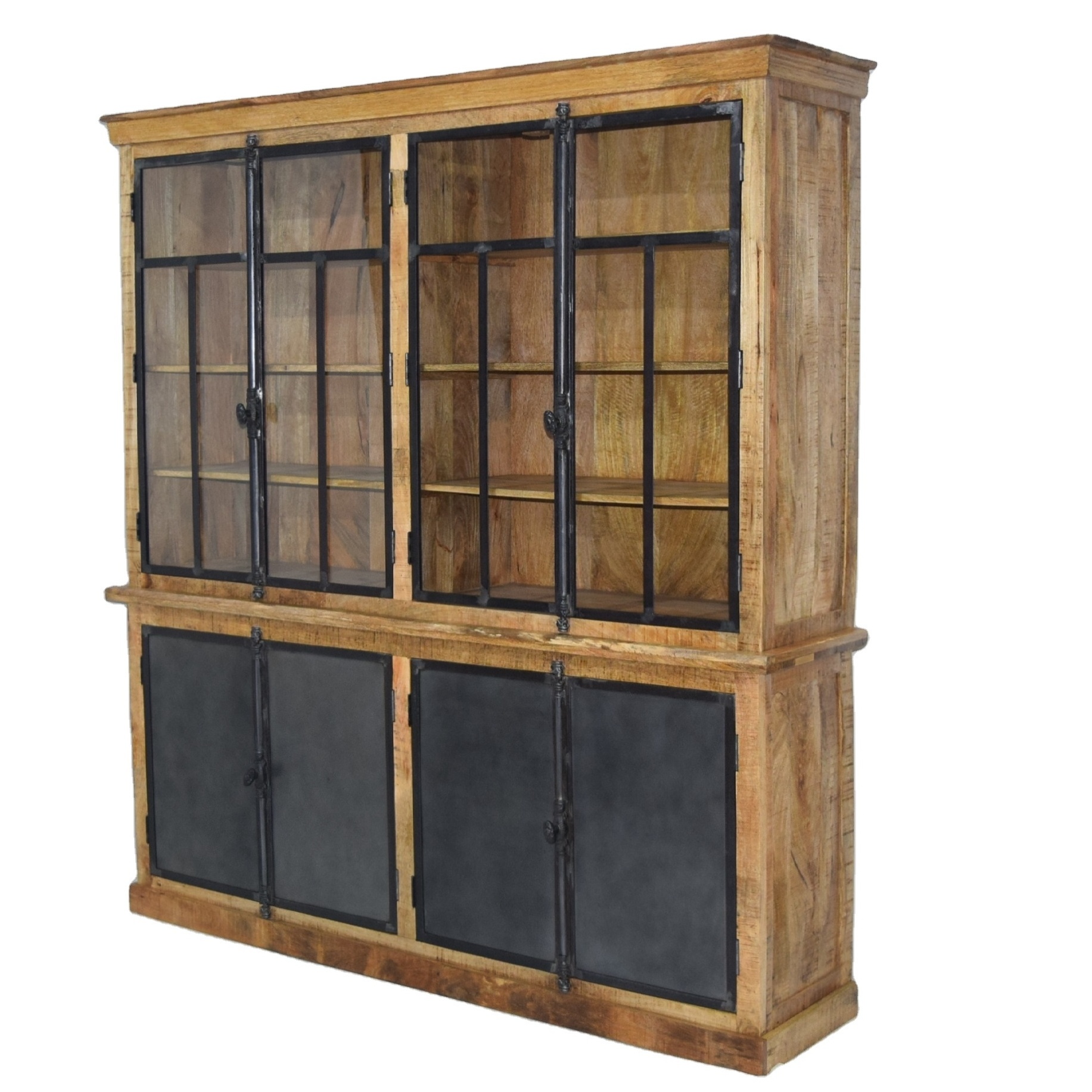 Hot Sale 2024 Industrial Style Mango Wood Iron Doors and Glass Panel Large Size Cabinet for Home Living Room Furniture