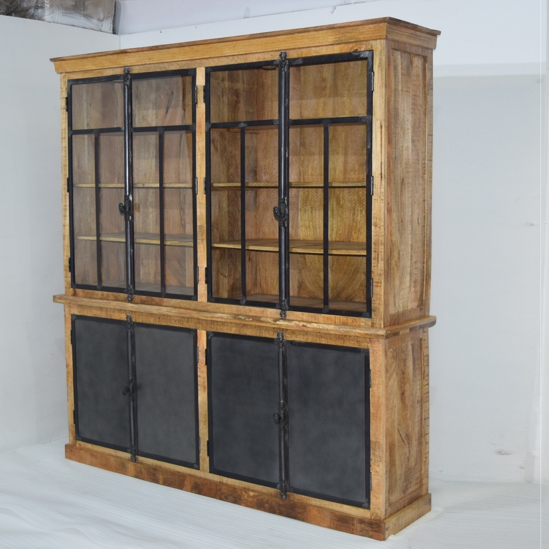 Hot Sale 2024 Industrial Style Mango Wood Iron Doors and Glass Panel Large Size Cabinet for Home Living Room Furniture