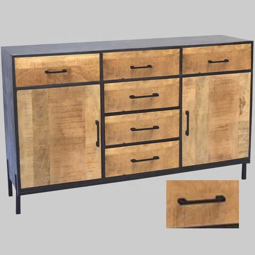 Industrial Style Iron Frame and Solid Mango Wood Dresser with 6 Drawers and 2 Doors Living Room Furniture Storage Cabinet