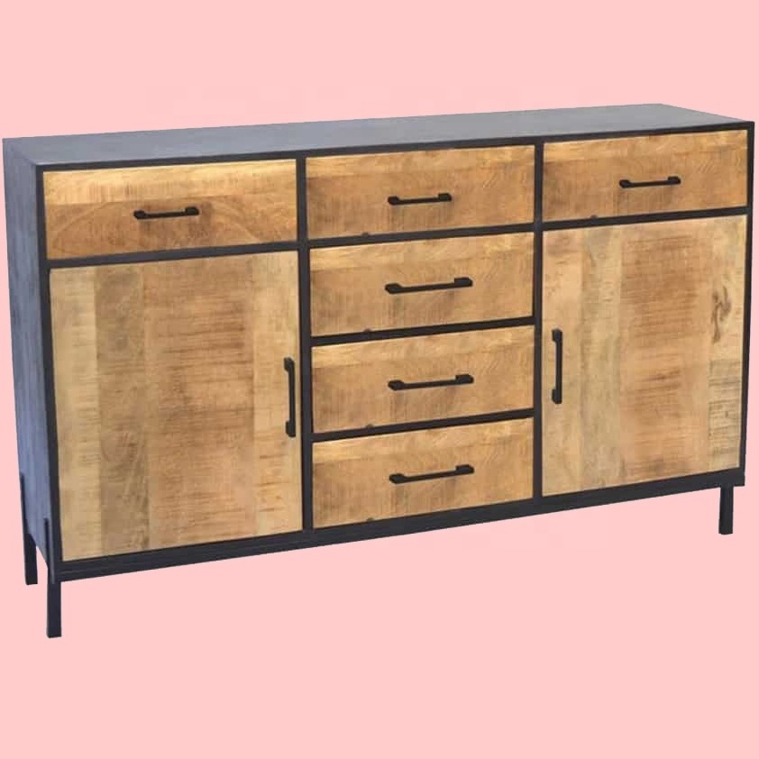 Industrial Style Iron Frame and Solid Mango Wood Dresser with 6 Drawers and 2 Doors Living Room Furniture Storage Cabinet