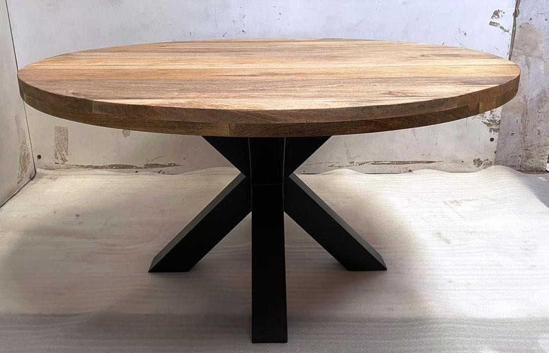 Good Quality Rough Mango Wood Top and X Design Leg Dining Table Round Shape Table for Home Hotel and Restaurant