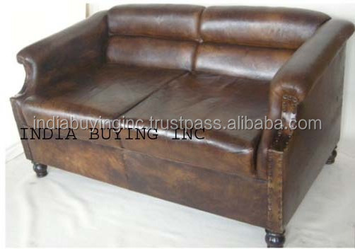 Chesterfield Two Seat Sofa with Brown Antique Finish Living Room Furniture Best Quality Leather French Furniture Convertible