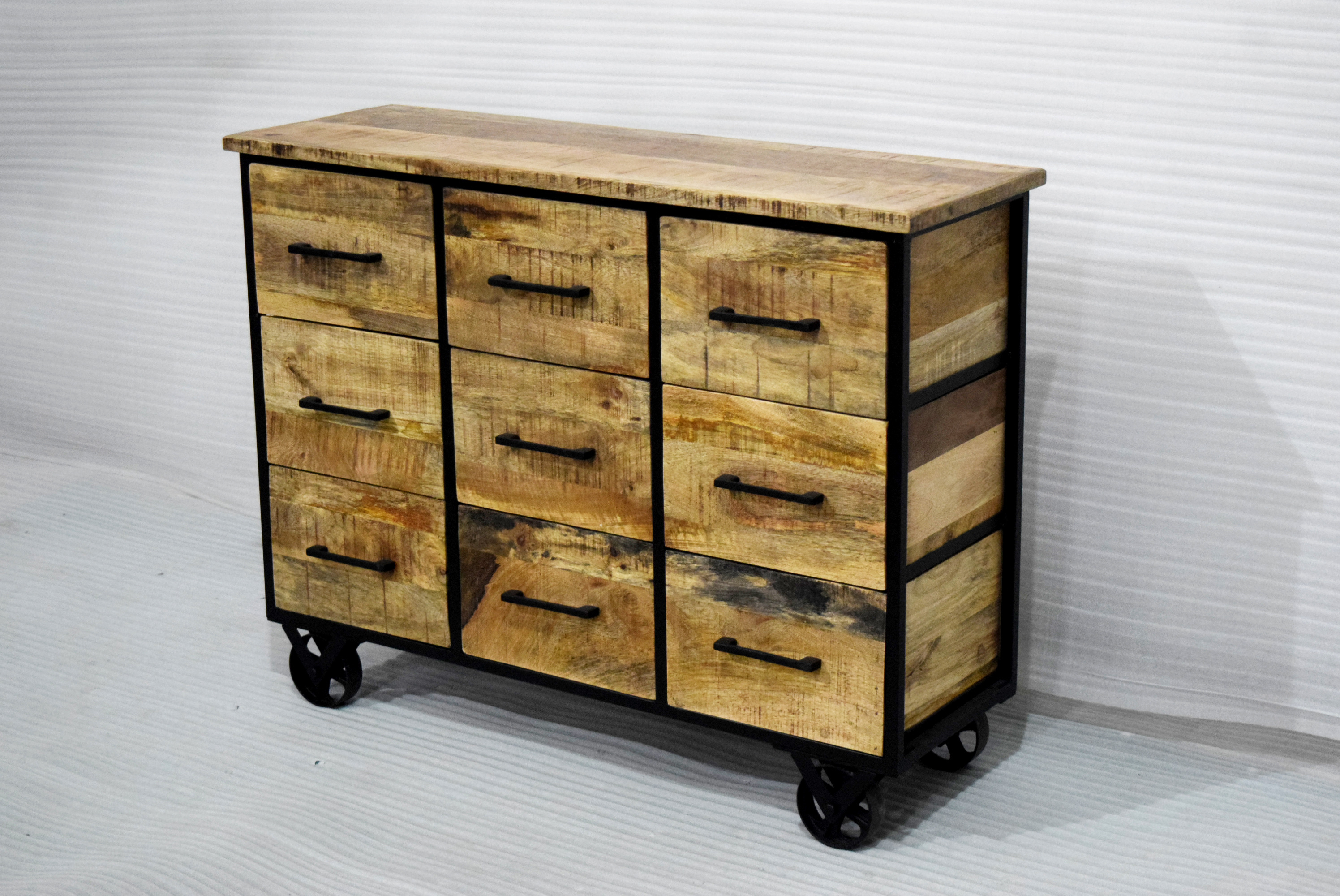 Hot Sale 2024 Vintage Industrial Furniture Iron and Mango Wood Caster Wheels 9 Drawers Living Room Cabinet for Home Storage