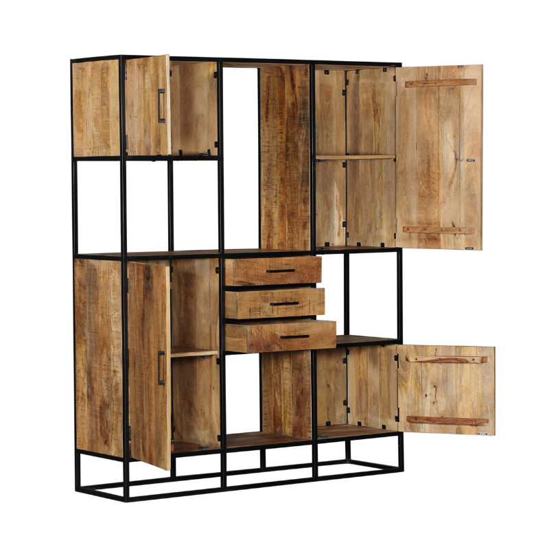 Hot Selling Best Quality Black Iron Frame and Solid Mango Wood Open Bookcase with Doors and Drawers Storage Cabinet for Home