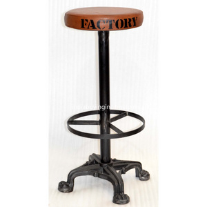 Indian Vintage Furniture Iron Wooden Vintage Style Wooden Round Seat Adjustable Height Bar Stool for Bar and Restaurants