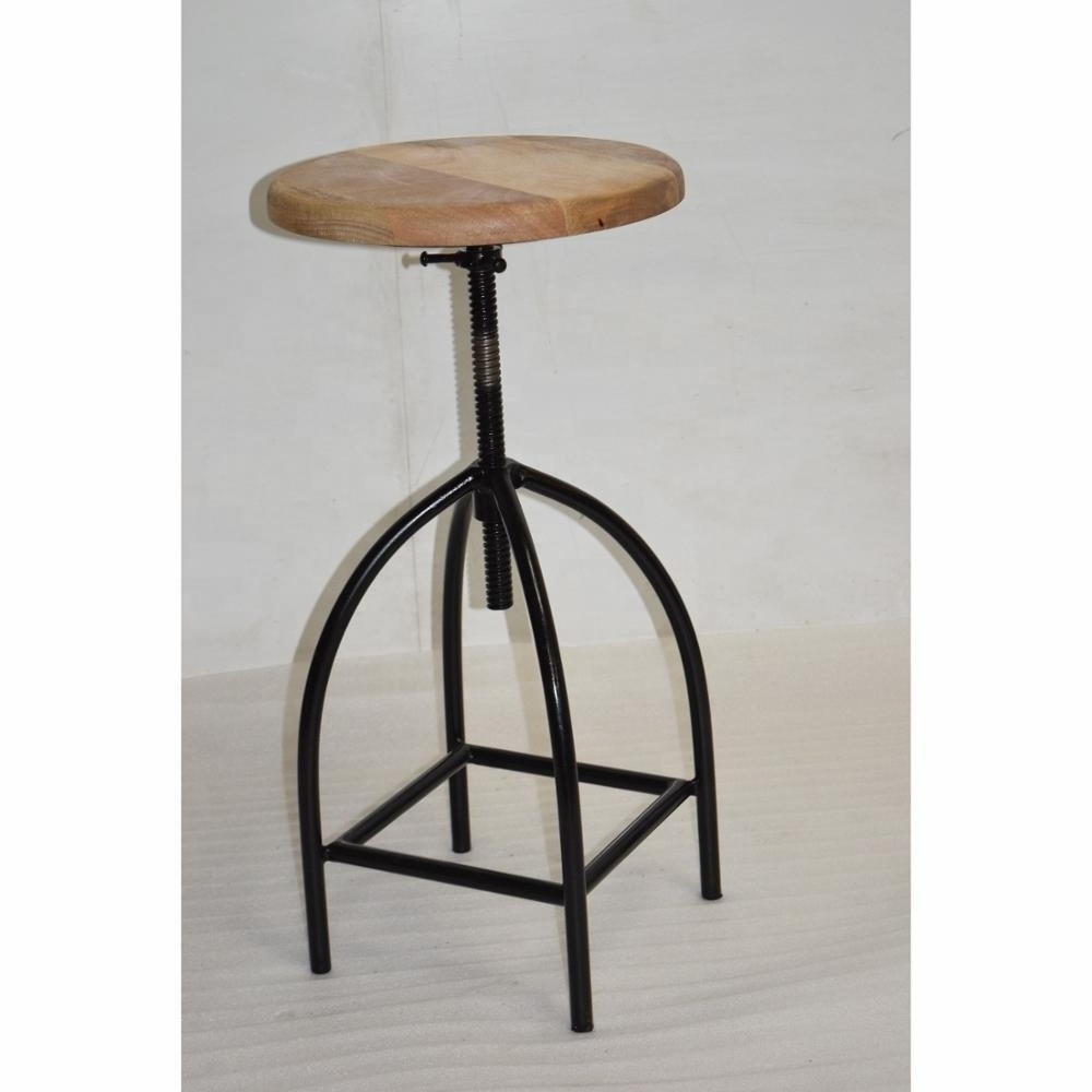 Indian Vintage Furniture Iron Wooden Vintage Style Wooden Round Seat Adjustable Height Bar Stool for Bar and Restaurants