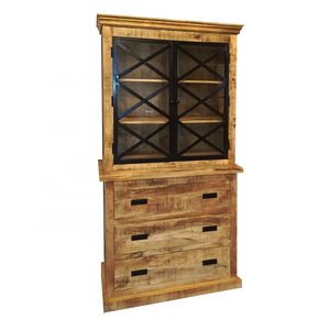 Hot Sale 2023 Industrial Wooden Furniture Solid Mango Wood and Iron Frame Glass Door Living Room Cabinet with Drawer Storage