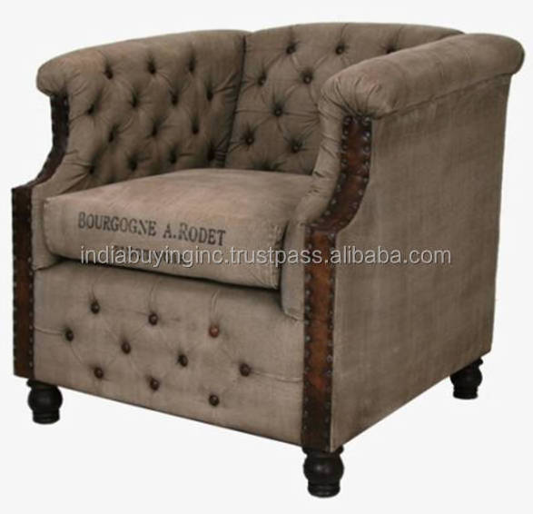 Indian Art Decor Furniture Top Quality Canvas Leather Chesterfield Single Seat Sofa for Home, Restaurant and Hotels