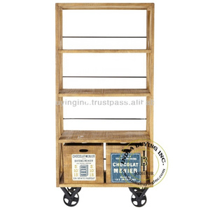 Hot Selling Antique Style Natural Finish Best Quality Reclaimed Mango Wood Open Bookshelf with Two Drawer at Wholesale Price