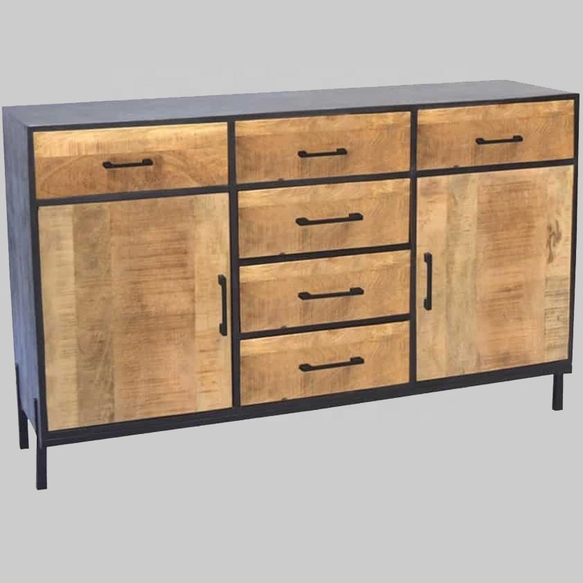 Industrial Style Iron Frame and Solid Mango Wood Dresser with 6 Drawers and 2 Doors Living Room Furniture Storage Cabinet