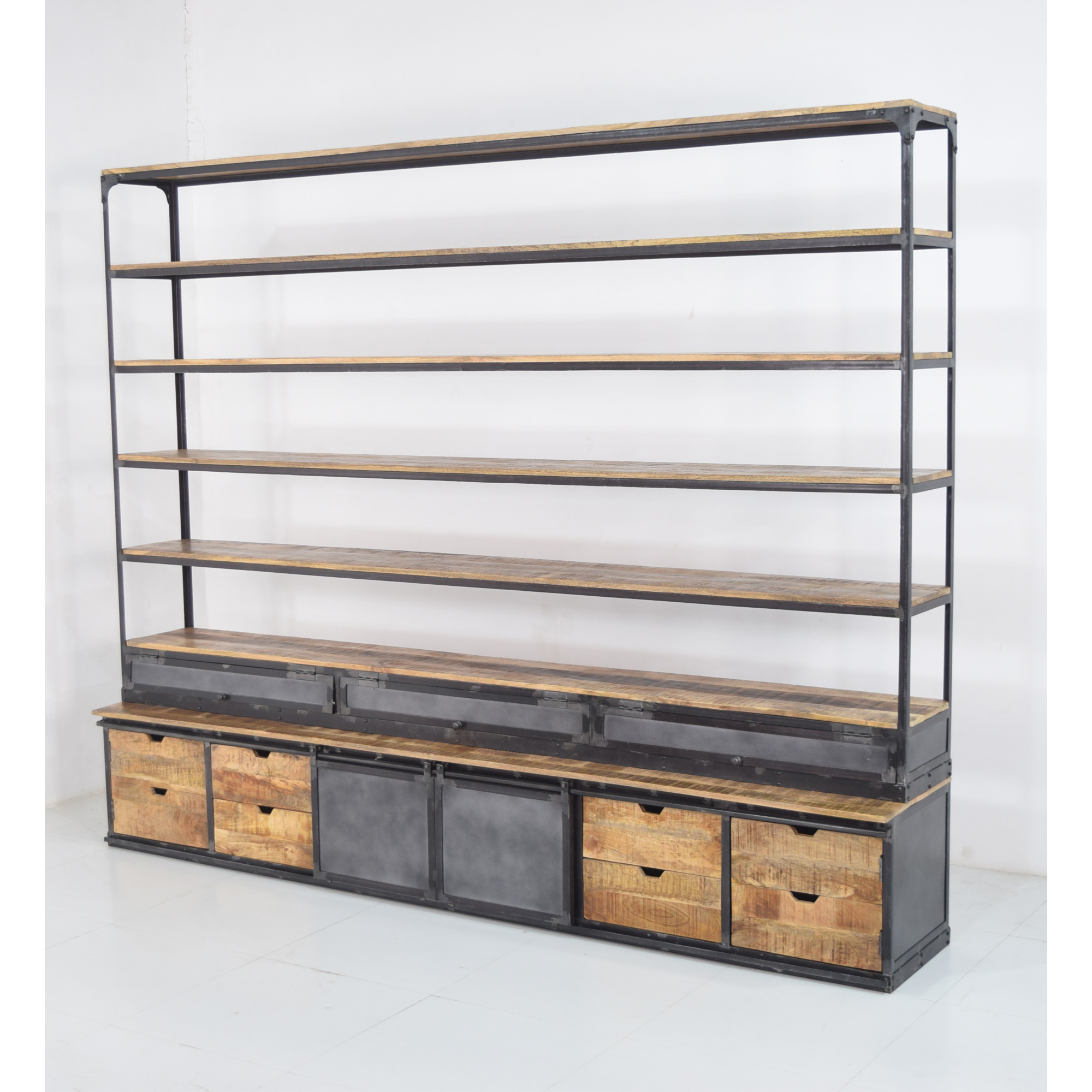 Industrial Modern Design Iron Square Tube Frame and Mango Wood Open Shelf Bookcase with Storage Drawers for Home School Library