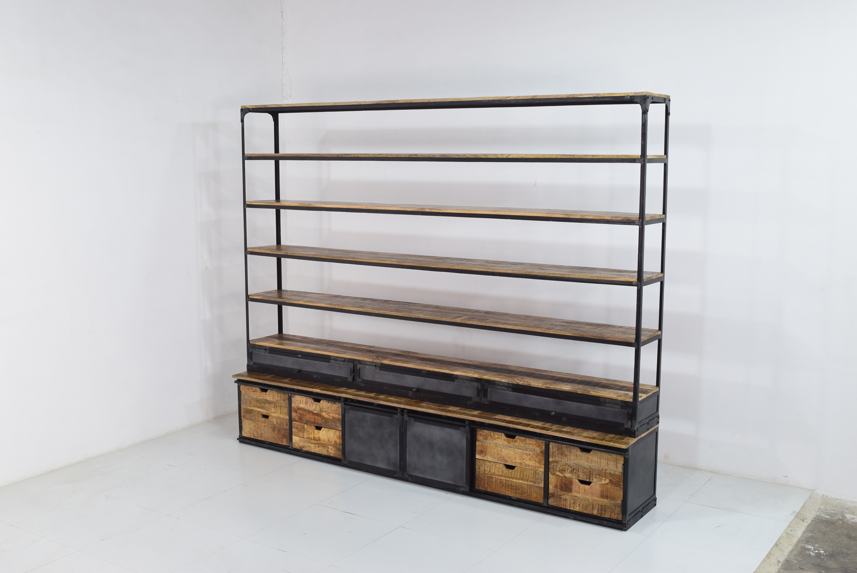 Industrial Modern Design Iron Square Tube Frame and Mango Wood Open Shelf Bookcase with Storage Drawers for Home School Library