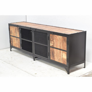 Vintage Industrial Look TV Low Board Storage Classic Wooden and Iron Cabinet with Doors and Drawers for Home Living Room