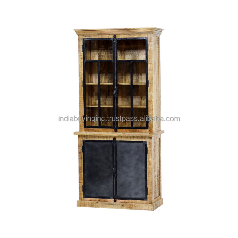 Natural Mango Wood, Glass Door and Iron Sliding Door Storage Drawers Hutch Buffet Large Cabinet for Living Room Furniture