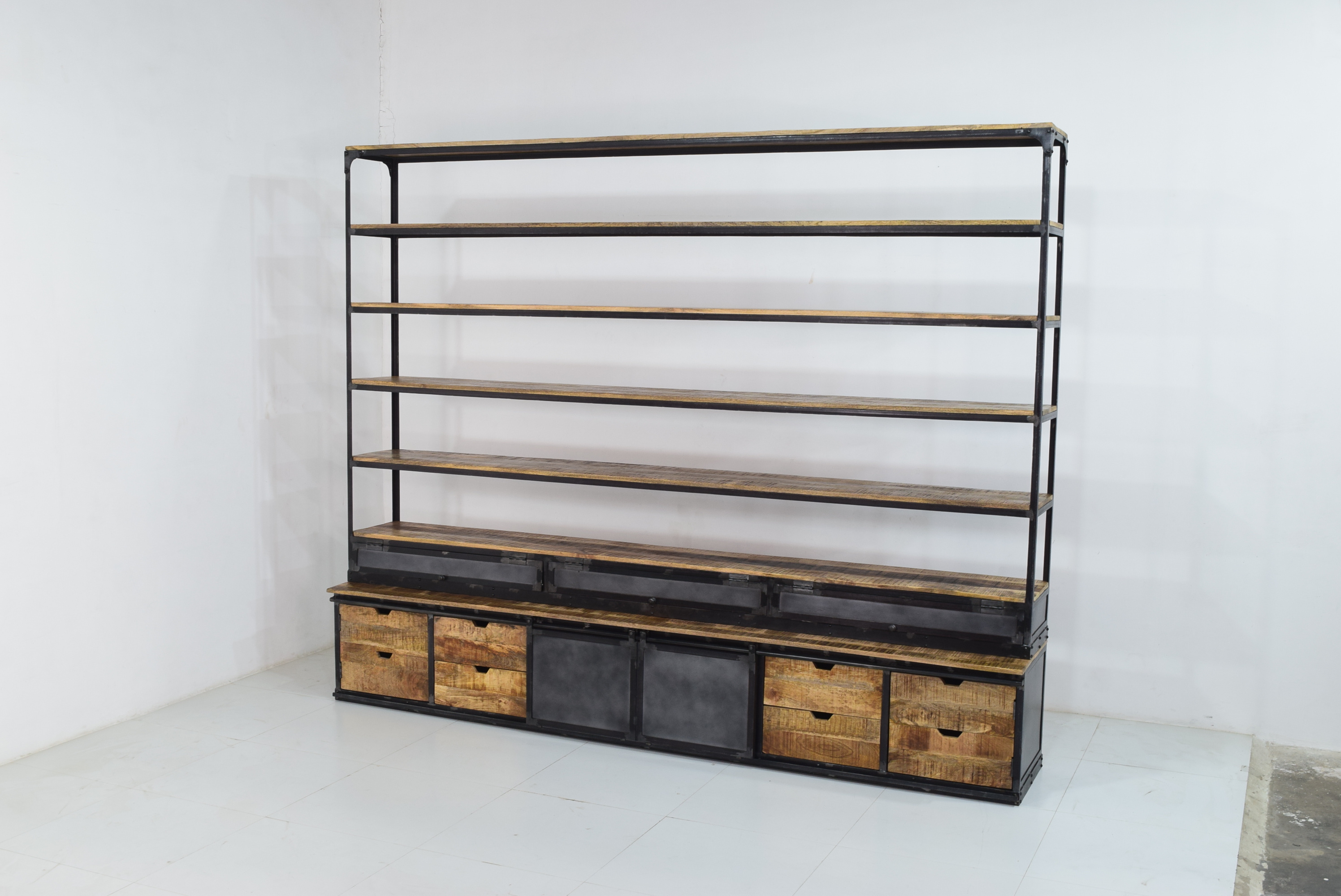 Industrial Modern Design Iron Square Tube Frame and Mango Wood Open Shelf Bookcase with Storage Drawers for Home School Library