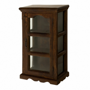 Top Quality Natural Brown Finish Solid Mango Wood and Glass Door Display Storage Wooden Cabinet for Home Living Room