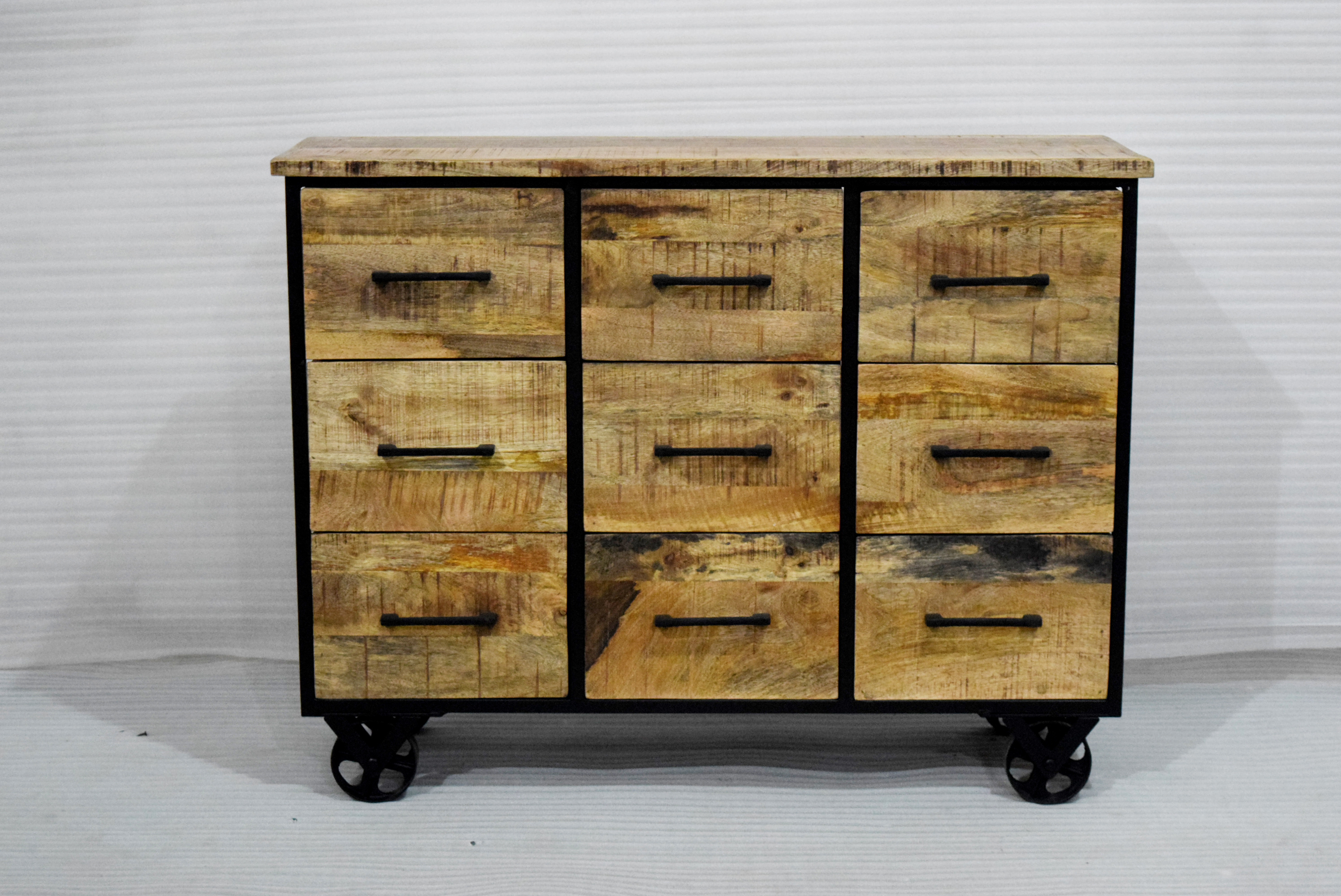 Hot Sale 2024 Vintage Industrial Furniture Iron and Mango Wood Caster Wheels 9 Drawers Living Room Cabinet for Home Storage