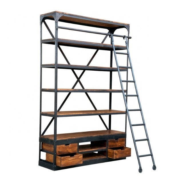 Industrial Vintage Furniture Wooden and Metal Book Shelf Display Open Book Rack Cabinet for Home, School Library and Office