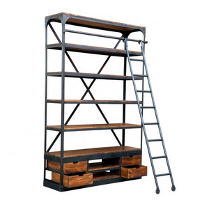 Industrial Vintage Furniture Wooden and Metal Book Shelf Display Open Book Rack Cabinet for Home, School Library and Office