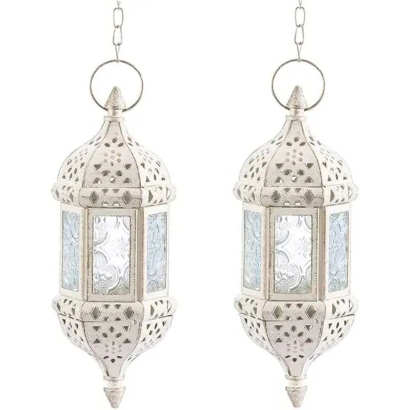 Hot Sale factory direct India customize Iron Ramadan Decorative Light Hanging Candle Lantern Set of 2 for Home Room Decoration