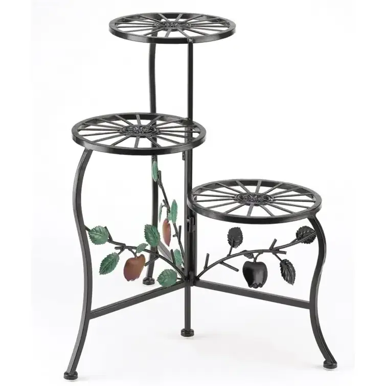 Heavy duty Wholesale Metal Frame Wrought Iron Black 3 - Tiered Round Plant Stand For Farmhouse Home Indoor And Outdoor Decor