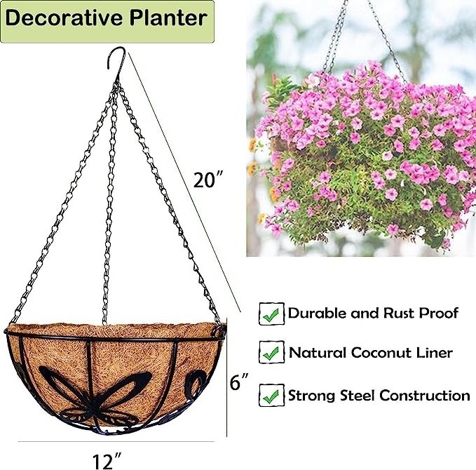 Cute mad in India 2 Pack Metal Hanging Planter Flower Basket with Coco Liner For Plants Outdoor Indoor Garden Porch Decoration