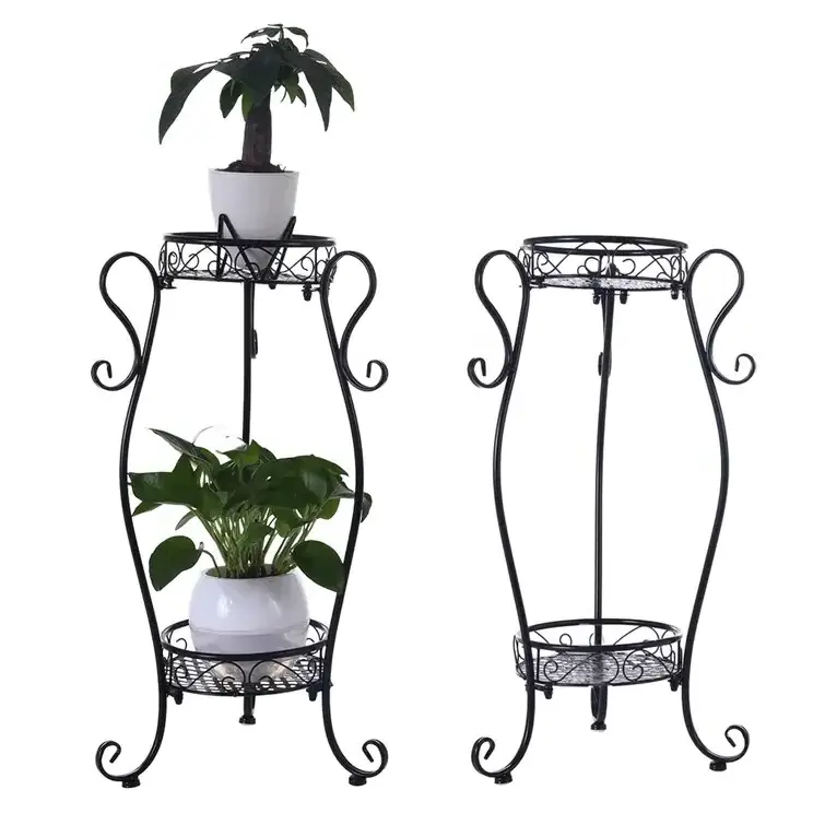 Heavy duty Wholesale Metal Frame Wrought Iron Black 3 - Tiered Round Plant Stand For Farmhouse Home Indoor And Outdoor Decor