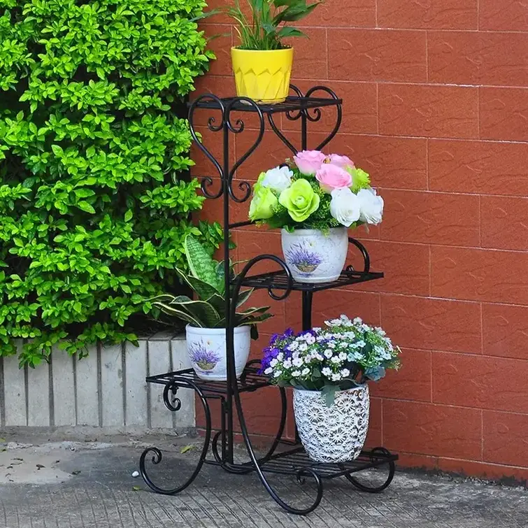 Durable Simple  wrought iron multi layer plant stand/ shelf/ rack pot in black home indoor living room garden decor in low moq