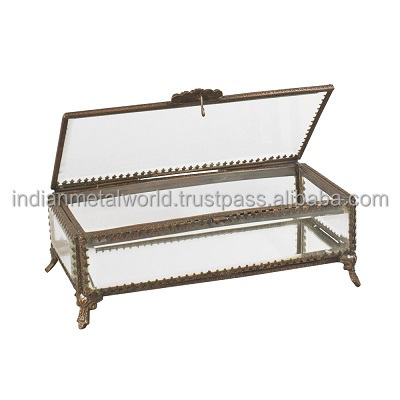 Golden Polished metal with clear glass jewelry box for gifting wholesale modern Classical jewelry box for sale