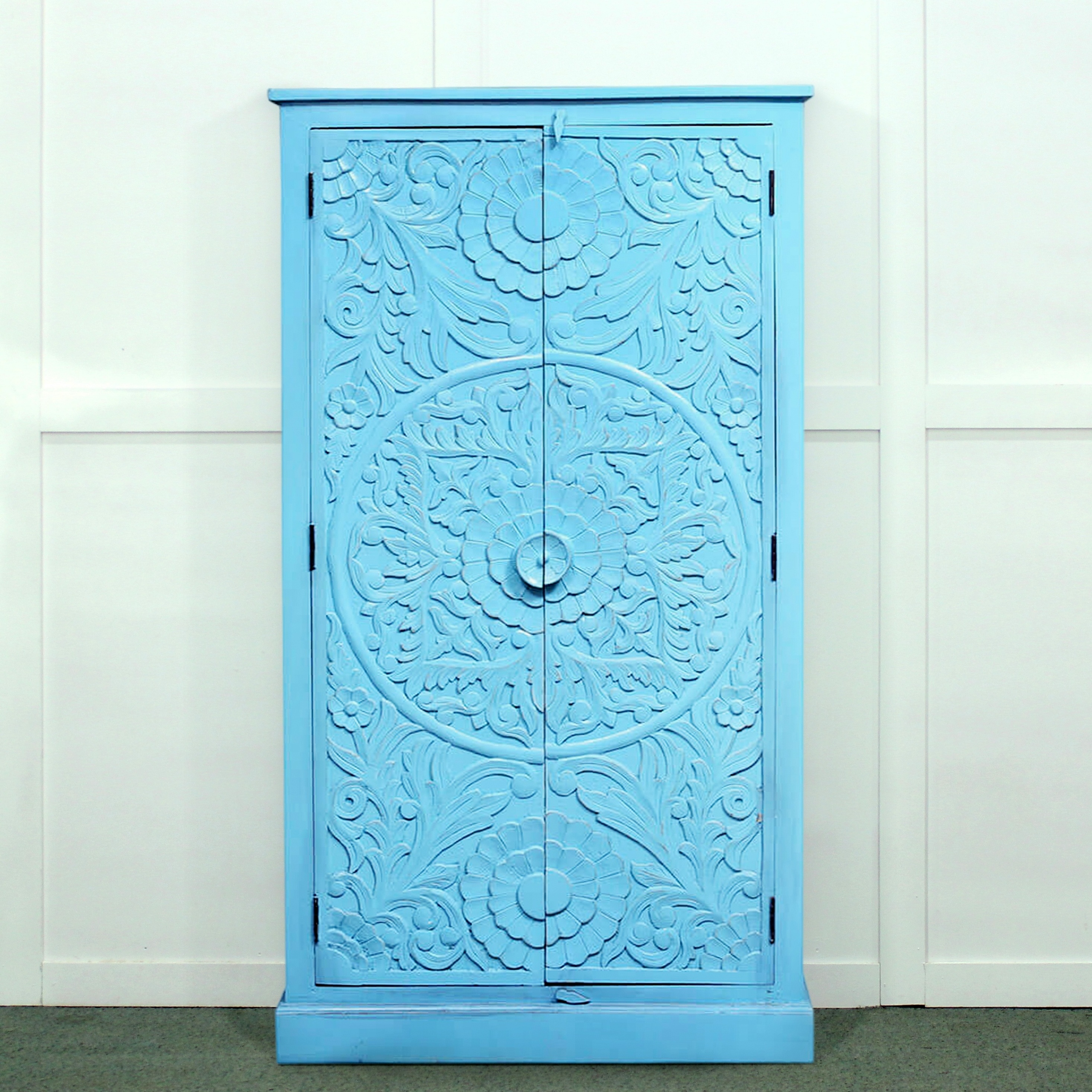 Classic Beach Look Turquoise Color Mandala Hand Carved Solid Mango Wood Two Door Wardrobe Cabinet Closet for Bedroom Storage