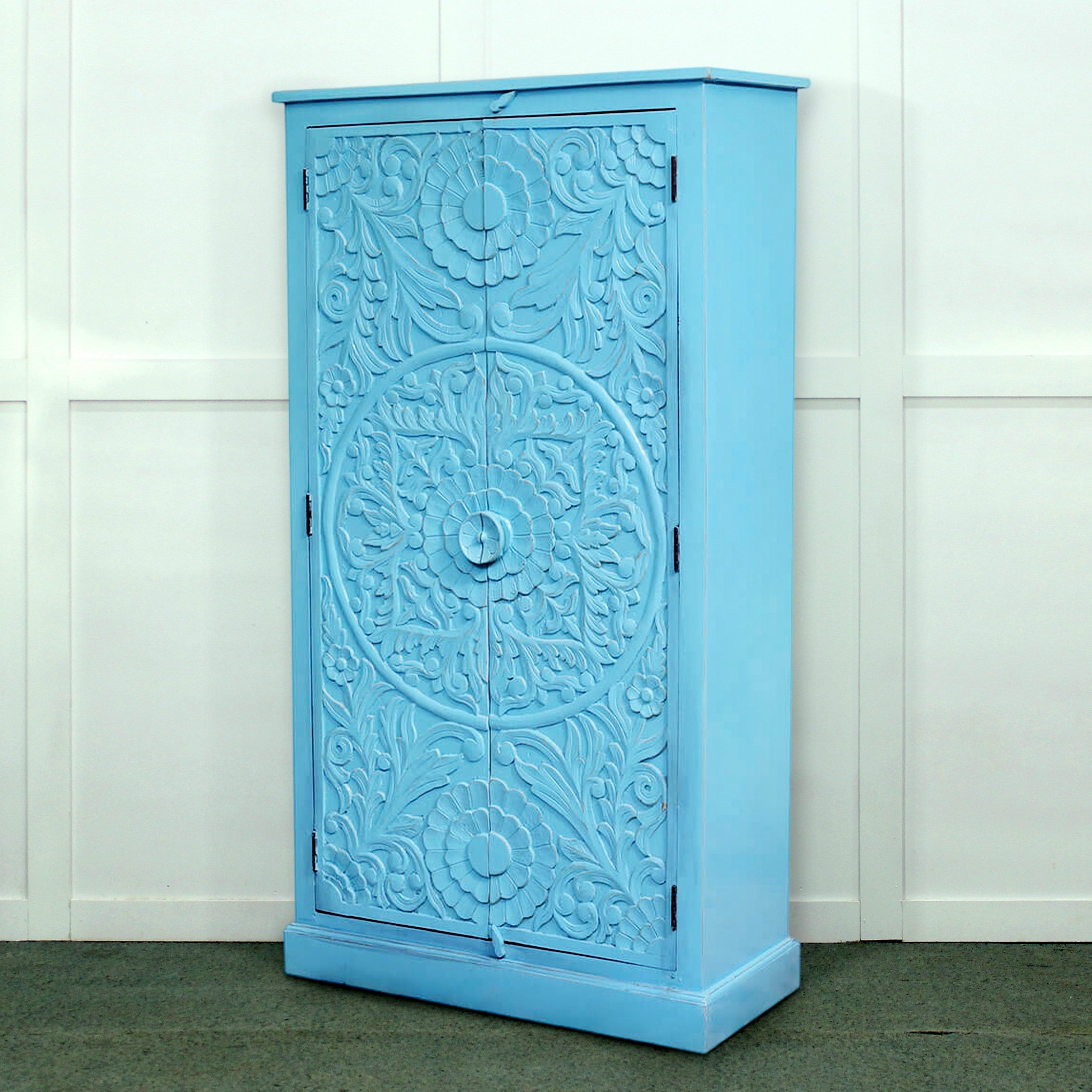 Classic Beach Look Turquoise Color Mandala Hand Carved Solid Mango Wood Two Door Wardrobe Cabinet Closet for Bedroom Storage