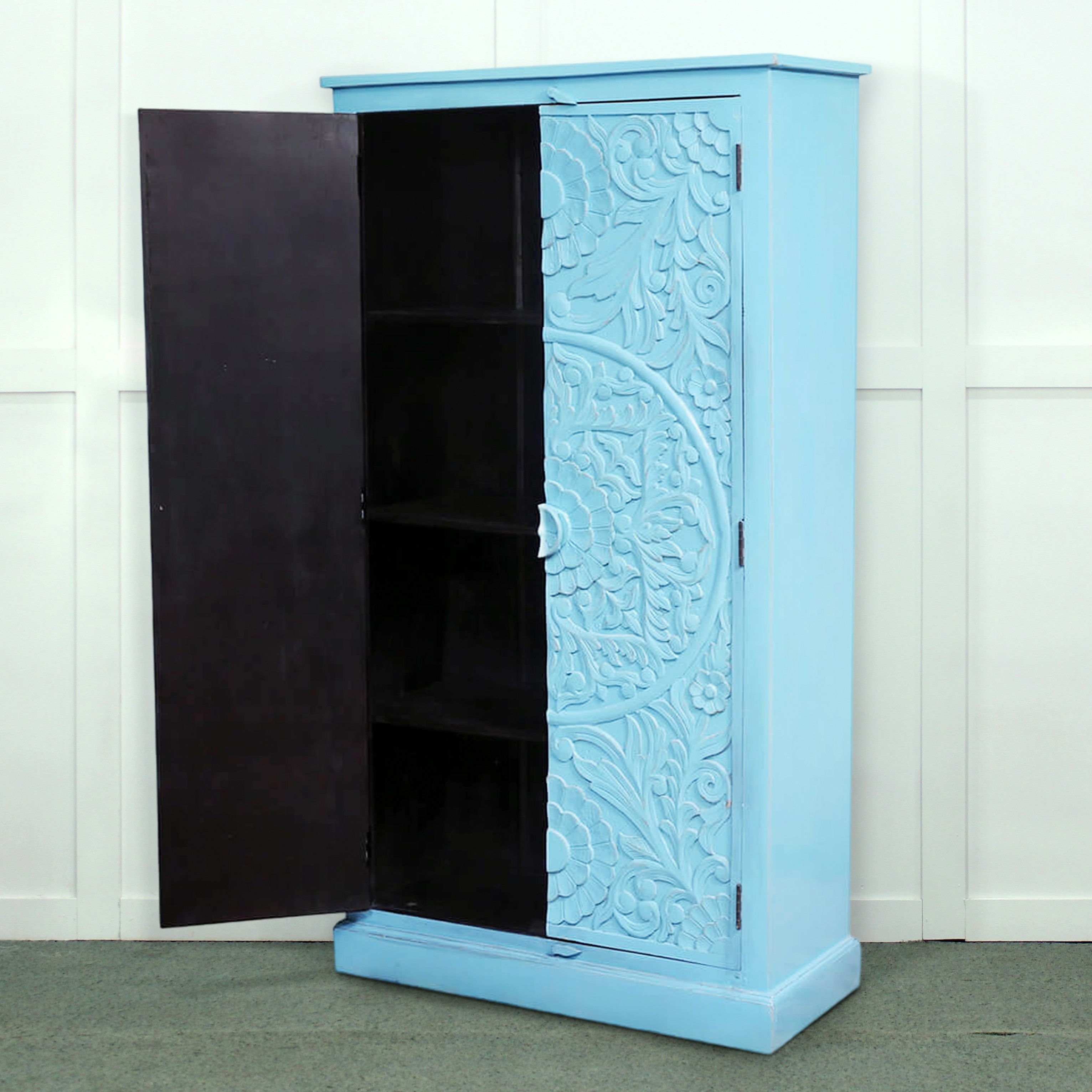 Classic Beach Look Turquoise Color Mandala Hand Carved Solid Mango Wood Two Door Wardrobe Cabinet Closet for Bedroom Storage